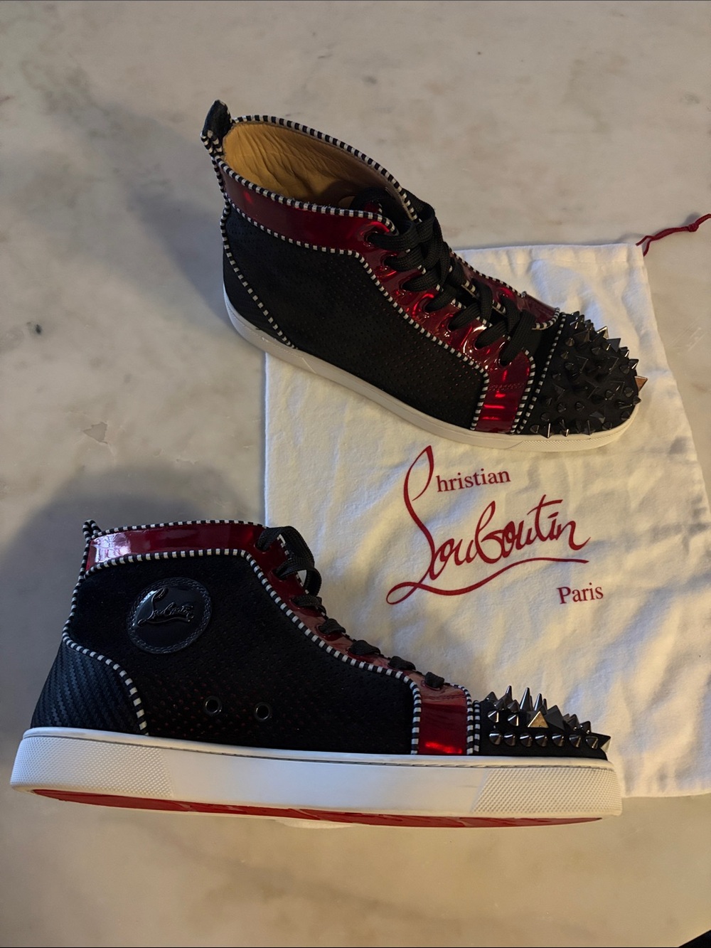 Christian Louboutin Black with Red Patent Spiked High-Top Sneakers